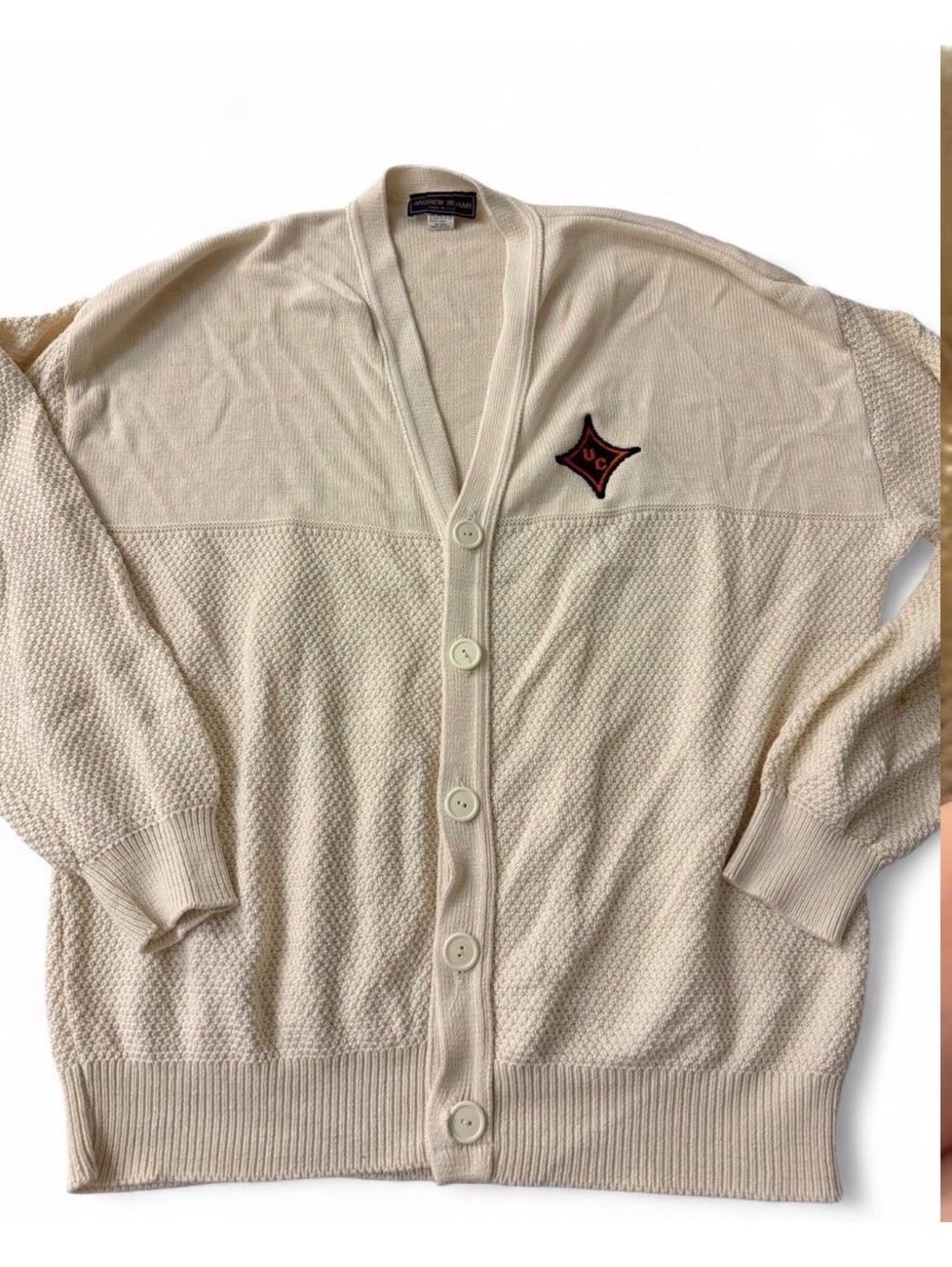 Vintage Andrew Rohan Cream Knit Cardigan Sweater XXL Made in USA Varsity Patch